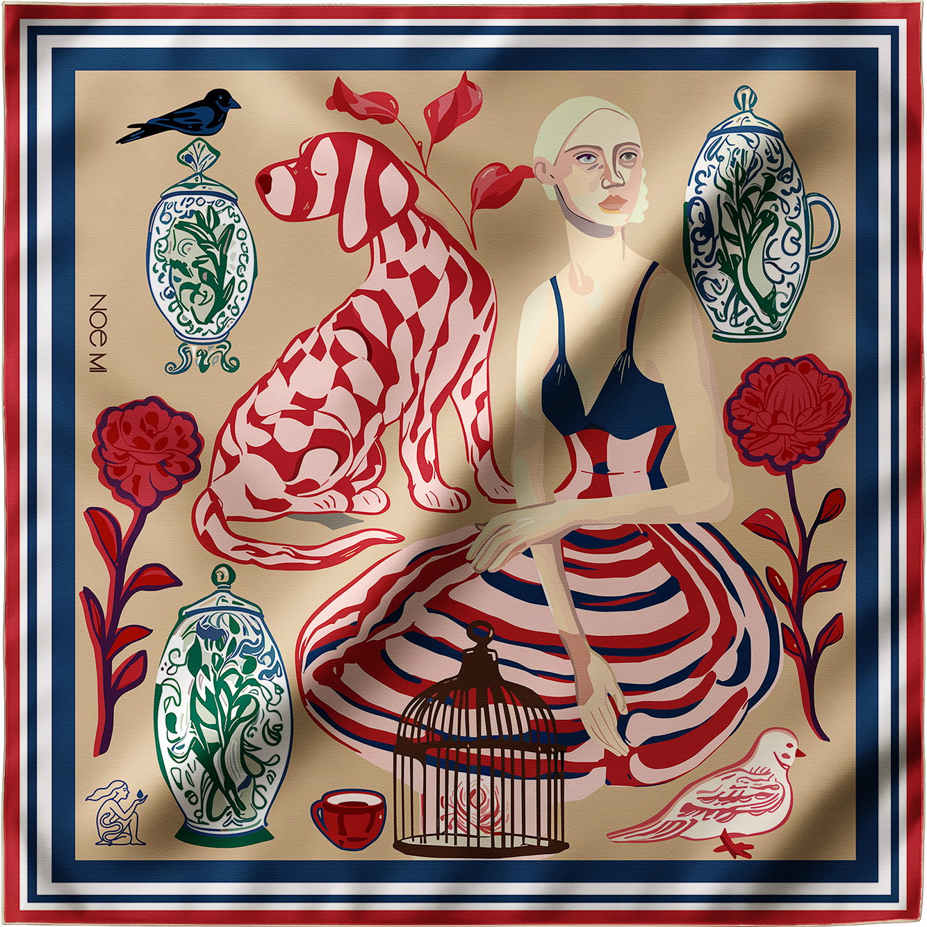 A NOE MI Silk scarf by Noemi Safir 

Elegant silk scarf with contemporary artistic illustration in navy and red, luxury fashion accessory ideal for styling in European cities such as Paris, Rome, and Barcelona.