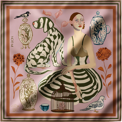 NOE MI Quiet Control Umber silk scarf is a designer square scarf featuring a composed feminine figure and a dog companion in a soft earthy palette, created for artistic and symbolic fashion expression.