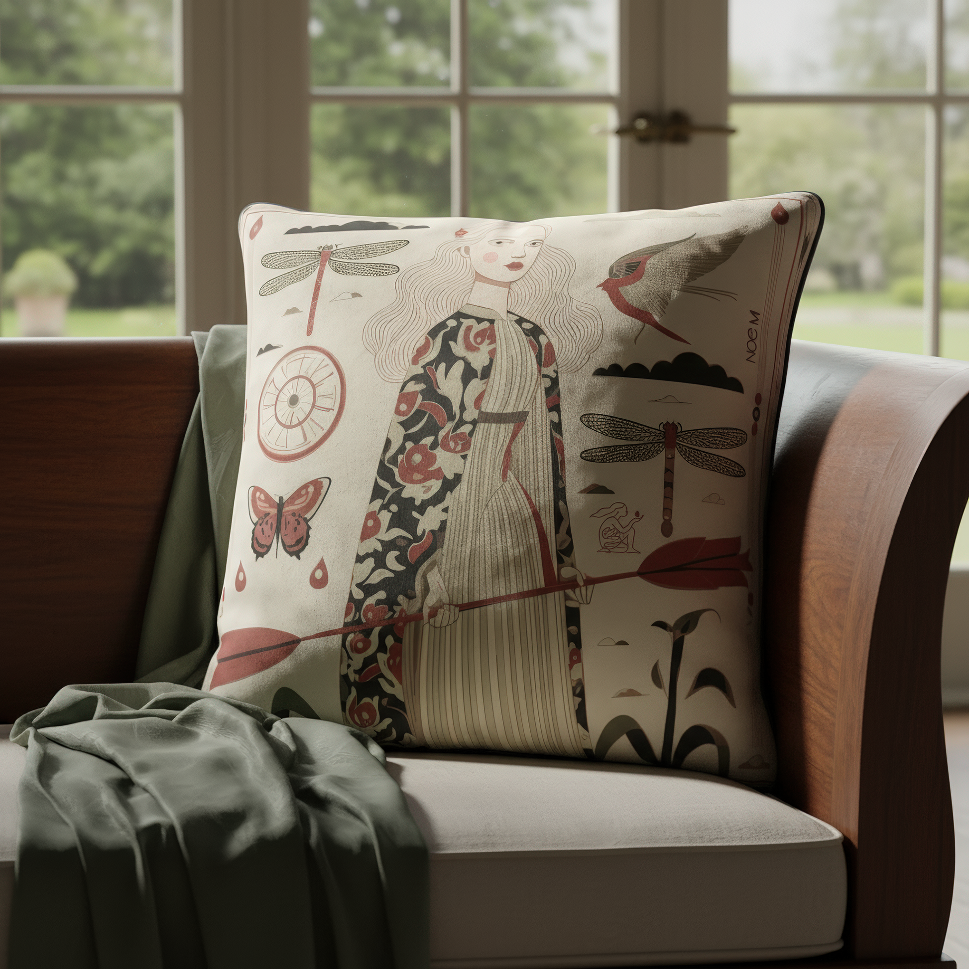 Add emotional depth and symbolic storytelling to your home with the Red Arrow cushion by NOE MI, showcasing dragonflies, birds, droplets and a heroine in soft earthy tones.
