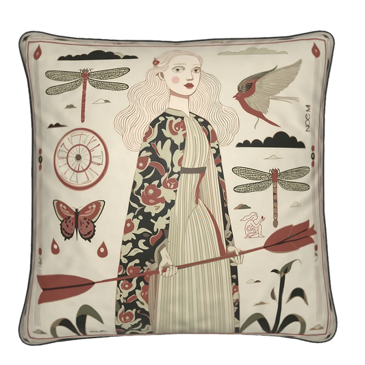 NOE MI designer square cushion titled "Red Arrow", featuring a powerful female figure with long flowing hair holding a bold red arrow, perfect for art collectors and lovers of meaningful decor.