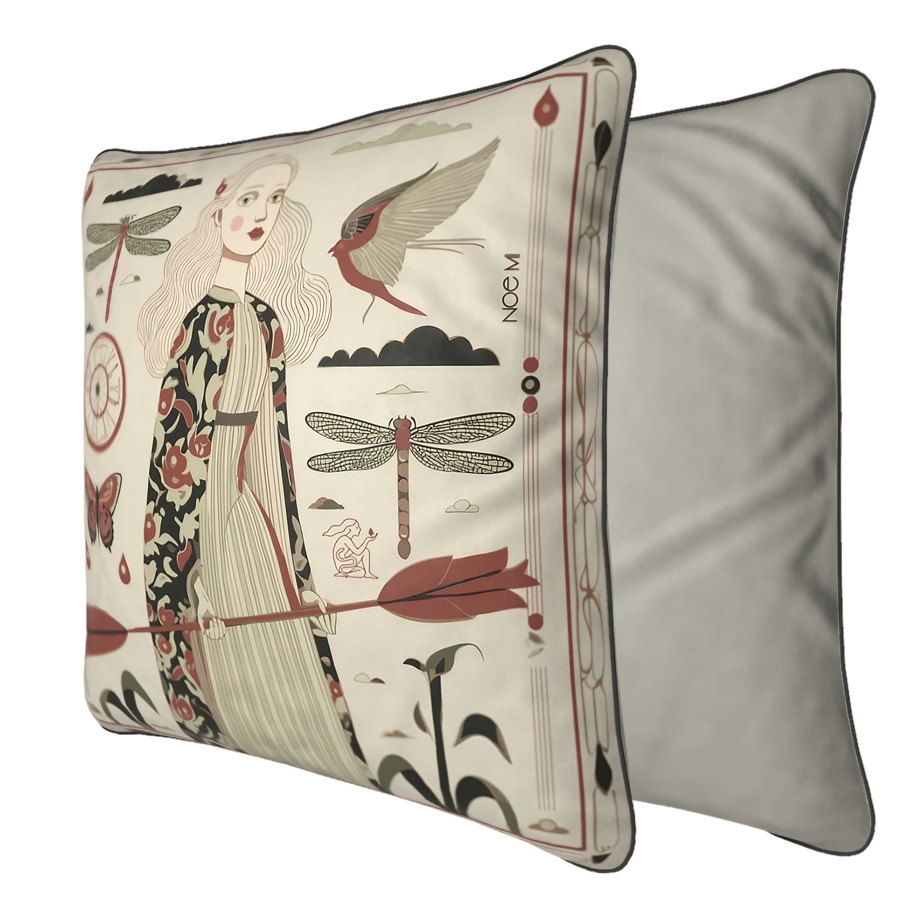 Artistic home decor cushion by NOE MI, blending neutral tones with crimson accents, surrounded by symbolic elements like dragonflies, a compass, and red droplets, creating a poetic and introspective atmosphere.
