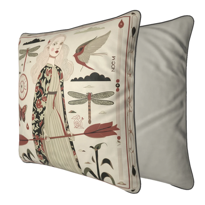 Artistic home decor cushion by NOE MI, blending neutral tones with crimson accents, surrounded by symbolic elements like dragonflies, a compass, and red droplets, creating a poetic and introspective atmosphere.