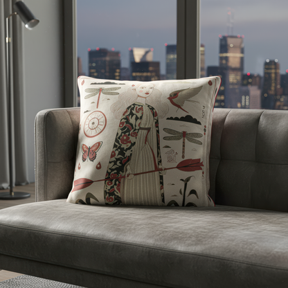 Luxury velvet cushion from the NOE MI collection featuring surreal art with mythic undertones, ideal for styling soulful, narrative-driven interiors.