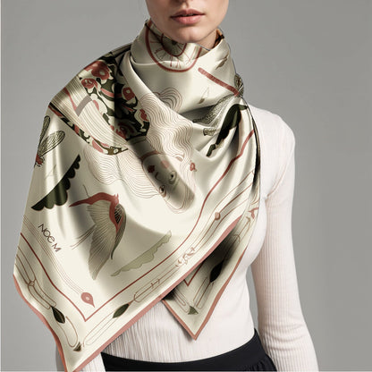 illustrated square silk scarf with dragonflies and flowers, luxury red and cream silk twill scarf by NOE MI