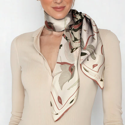 artistic and luxurious silk twill scarf by NOEMI, tones of deep crimson, cream, and black