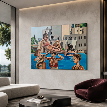 The Pool Party by Noemi Safir, a highly collectible original artwork from Sweet Little Chaos for collectors who seek contemporary figurative art, women in art, emotional storytelling, and beauty with meaning.