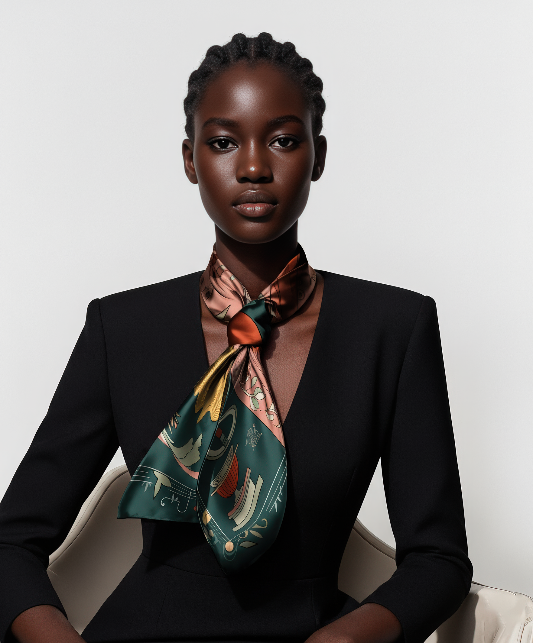 Detail shot of 'Royal Prophecy' silk scarf texture, revealing the high-quality silk twill weave and vibrant, prophecy-inspired design. By NOE MI