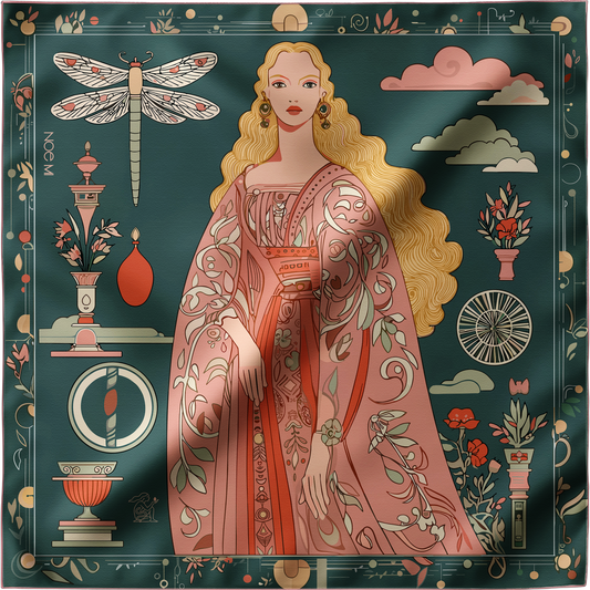 'Royal Prophecy' scarf in 100% silk twill, highlighting the elegant hand-rolled edges and the deep, symbolic artwork created by artist Noemi Safir. By NOE MI