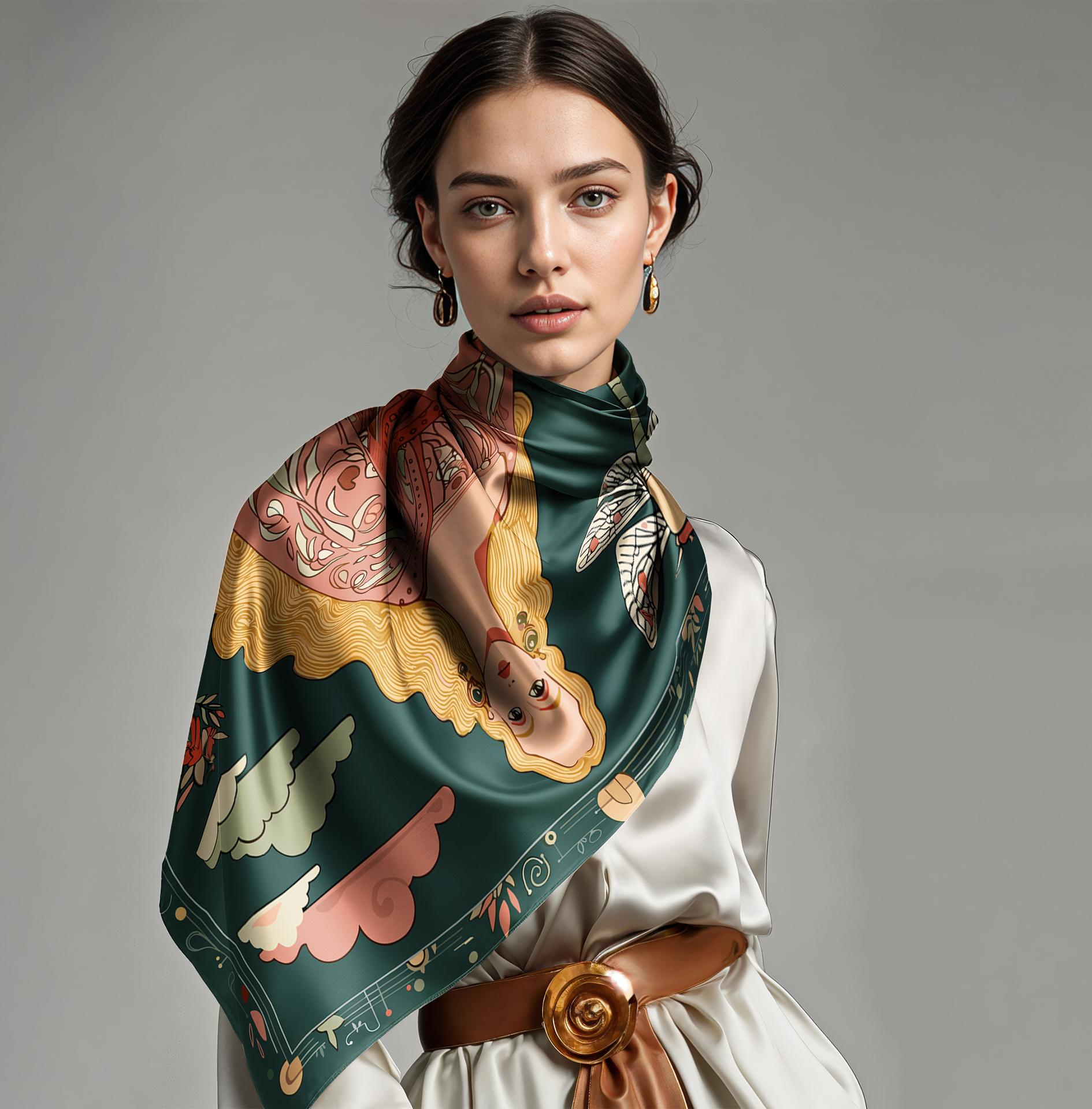 NOE MI silk scarf Royal Prophecy, combining femininity, strength, and mystery for stylish women looking to elevate their everyday looks.