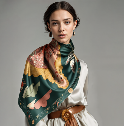 NOE MI silk scarf Royal Prophecy, combining femininity, strength, and mystery for stylish women looking to elevate their everyday looks.