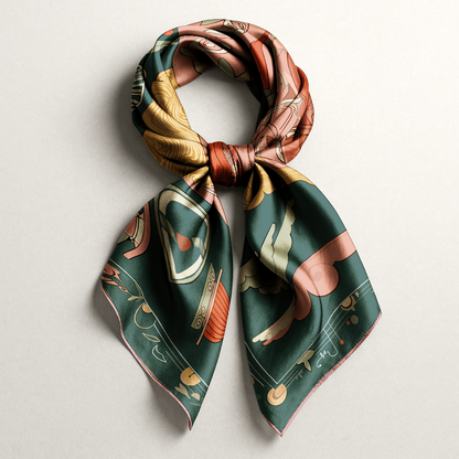 Square silk scarf with bold regal colors, styled around the neck to showcase its flow, softness, and layered story, a luxury fashion accessory by NOE MI.
