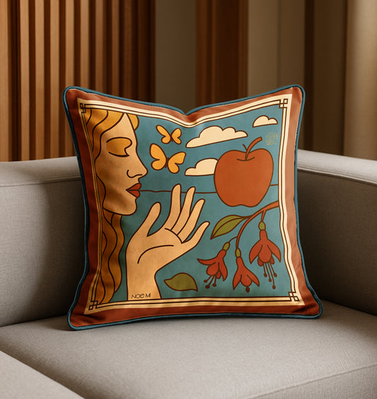 Decorative luxury velvet pillow with artistic design of a woman, apple, and flowers on a couch.