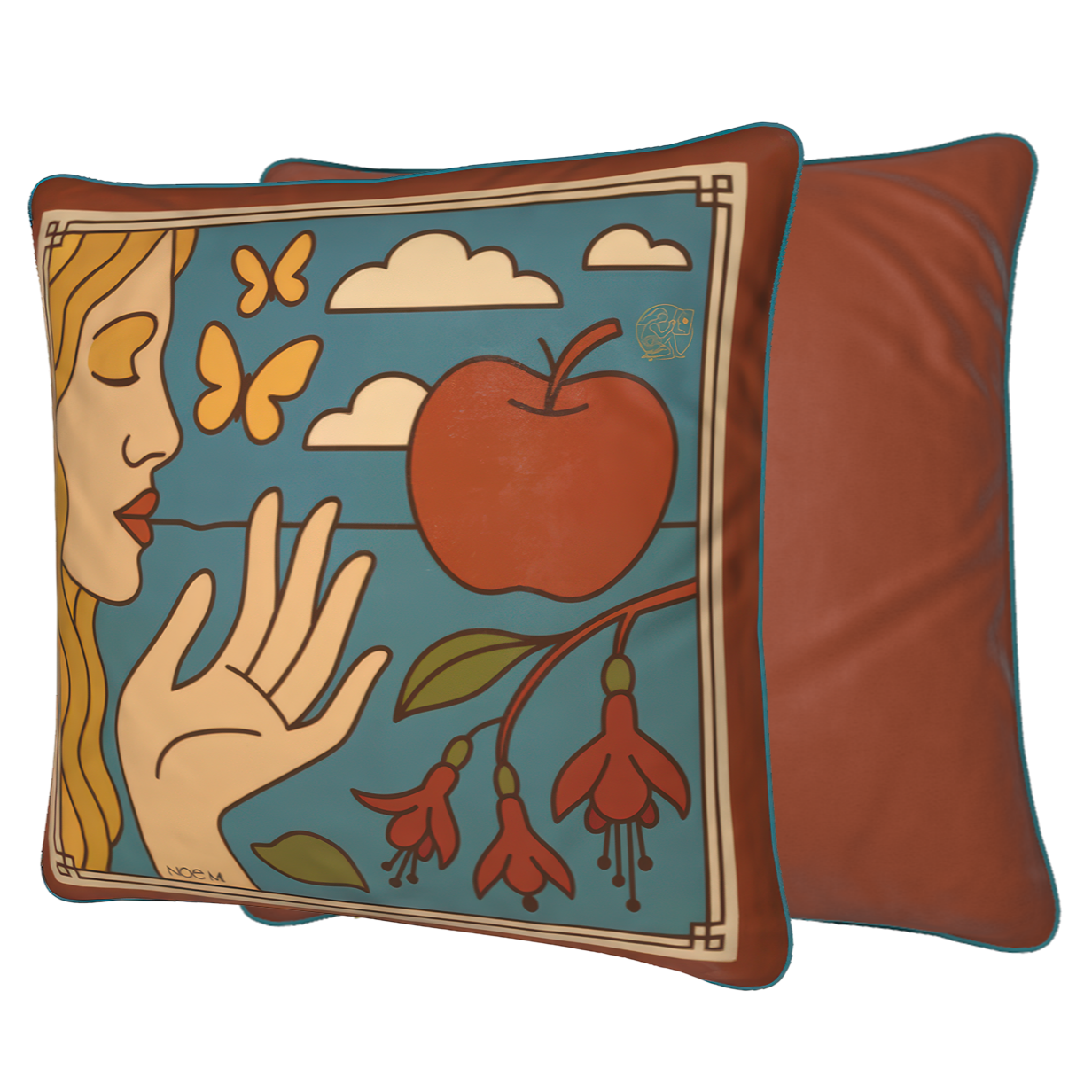 NOE MI velvet cushion, square designer pillow with surreal art-inspired details, premium decorative home décor piece.
