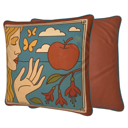 NOE MI velvet cushion, square designer pillow with surreal art-inspired details, premium decorative home décor piece.