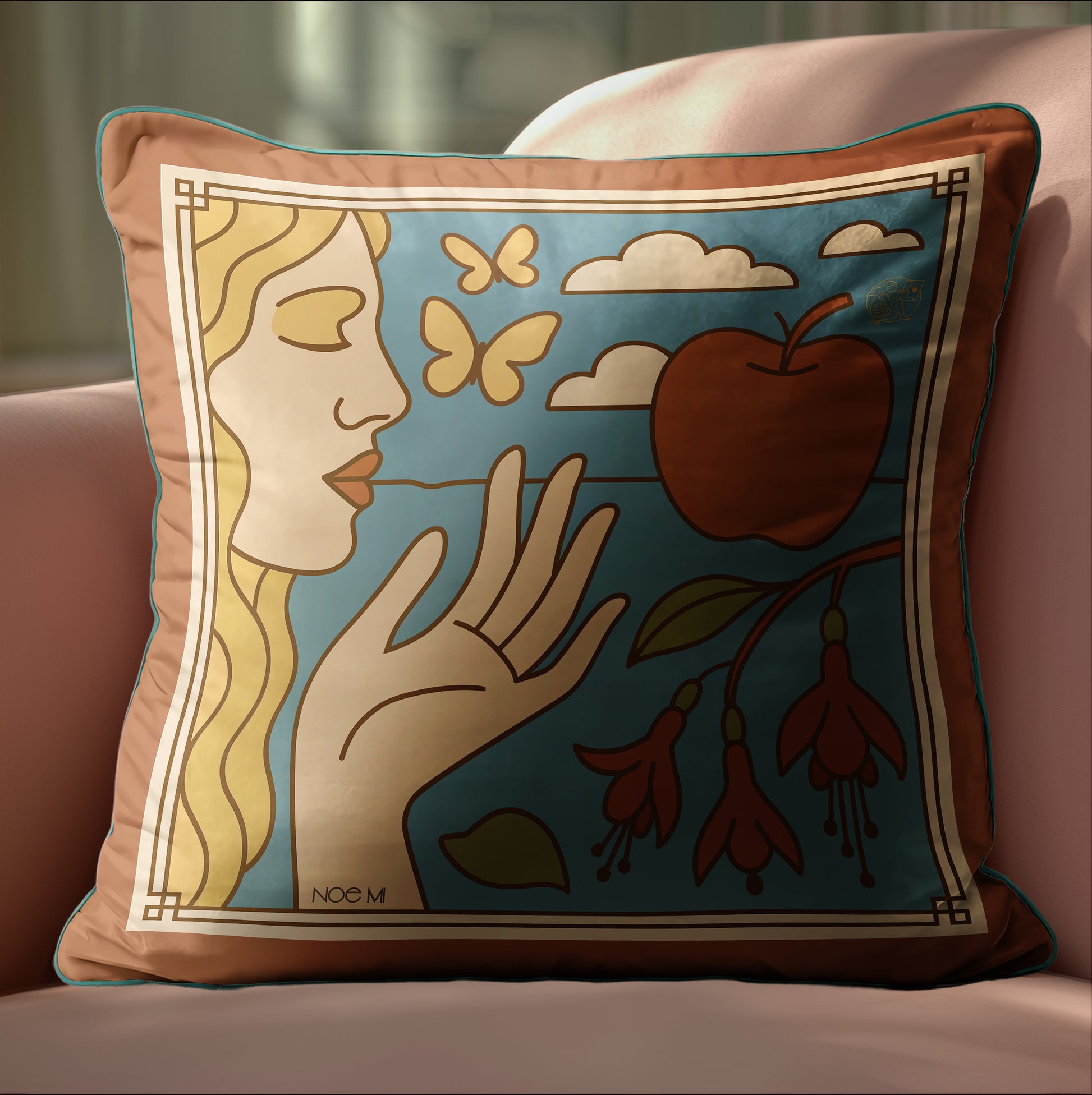 Designer velvet pillow by NOE MI, decorative cushion with art-inspired motif, luxury accessory for elegant living spaces.