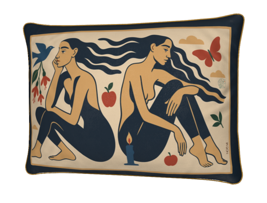 Decorative rectangular luxury velvet pillow/cushion in yellow with artistic design of two women, apples, and a butterfly on a beige background.
