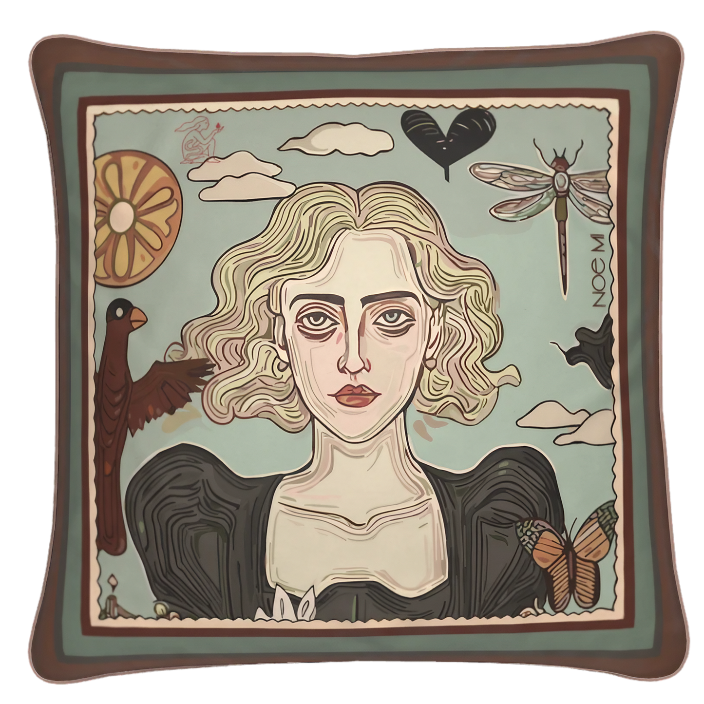 NOE MI square velvet cushion with a soft, serene female portrait from the Double Flame collection