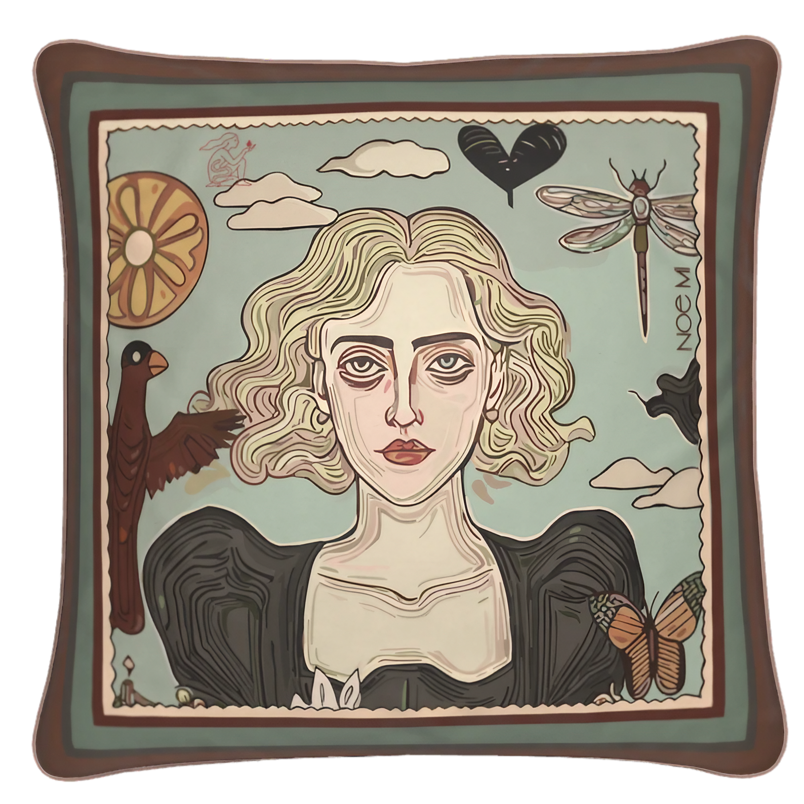 NOE MI square velvet cushion with a soft, serene female portrait from the Double Flame collection
