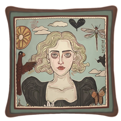NOE MI square velvet cushion with a soft, serene female portrait from the Double Flame collection