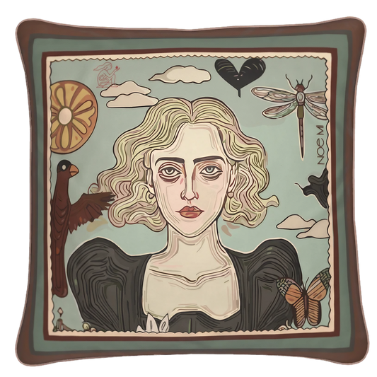 NOE MI square velvet cushion with a soft, serene female portrait from the Double Flame collection