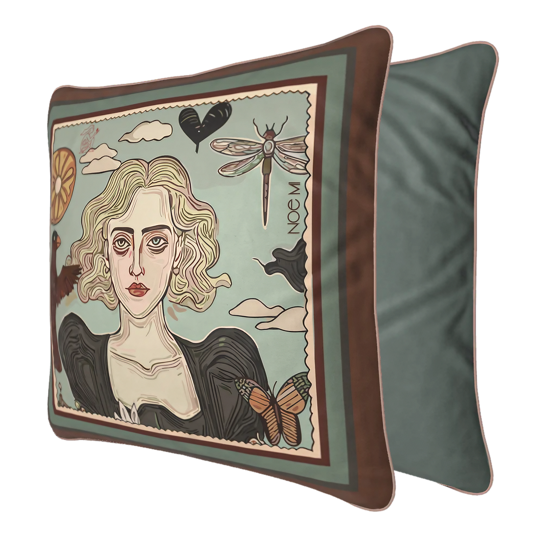 Elegant art pillow printed on velvet, reflecting quiet beauty and introspective emotion by NOE MI.