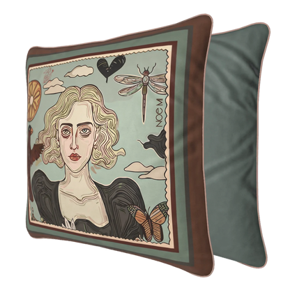 Elegant art pillow printed on velvet, reflecting quiet beauty and introspective emotion by NOE MI.