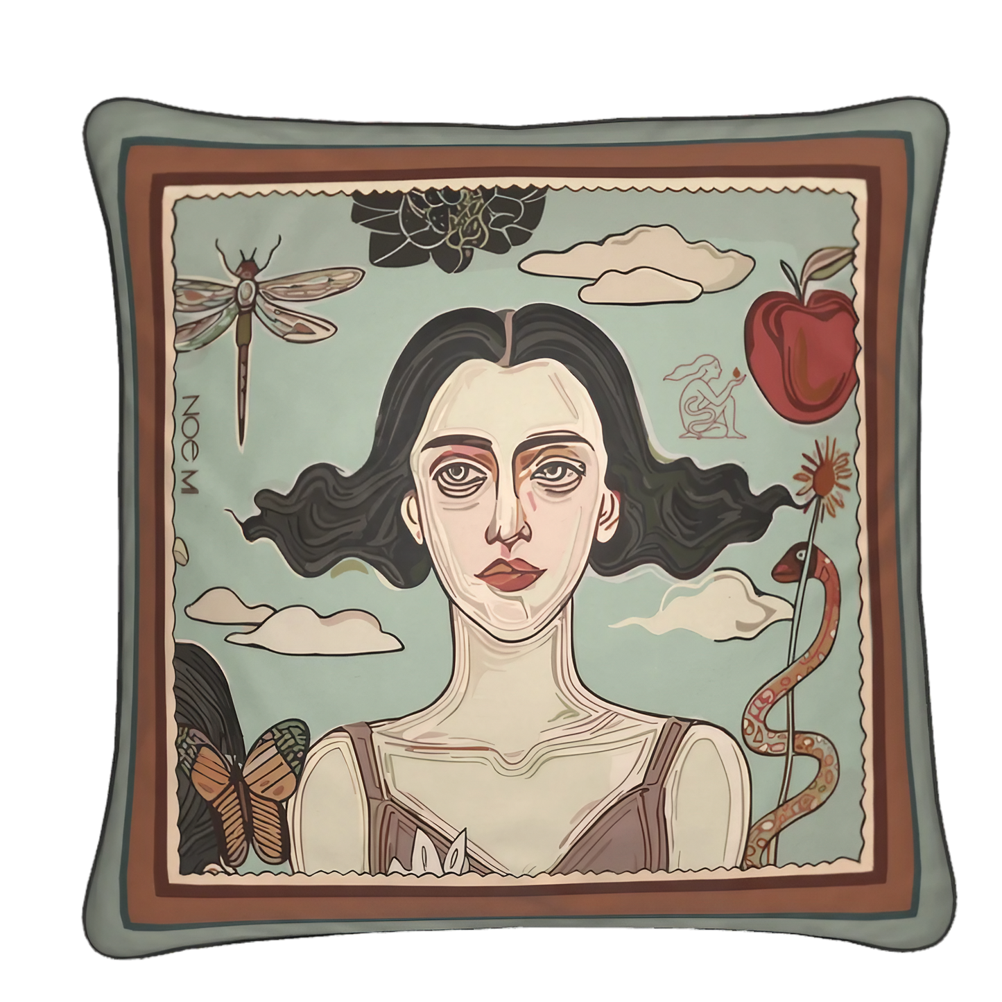 NOE MI square velvet cushion with a close-up of a powerful female face from the Double Flame series