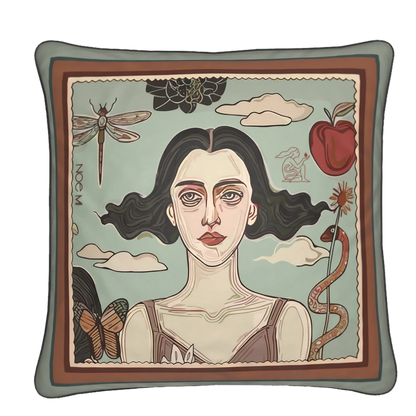 NOE MI square velvet cushion with a close-up of a powerful female face from the Double Flame series