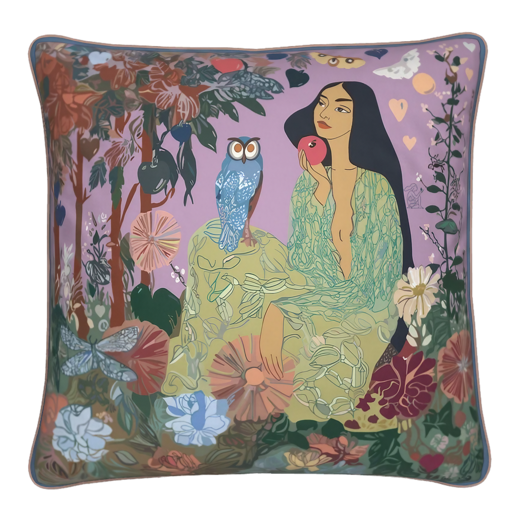NOE MI luxury square cushion The Owl Knows, showcasing a surreal woman and owl design in soft velvet with elegant piping for poetic interior styling.