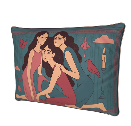 Decorative rectangular art velvet pillow/cushion with artistic depiction of three women, a bird, and candle on a teal background.