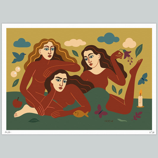 A Limited Edition NOE MI wall art print of yellow three women sitting together with nature elements on a yellow and green background.