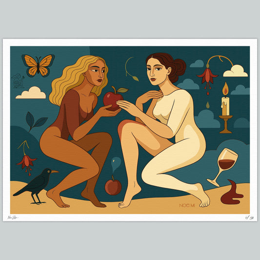 A rectangular Limited Edition NOE MI wall art print of two nude figures with an apple and a glass of wine against a night sky.