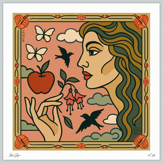 A Limited Edition NOE MI wall art print of a woman's face with nature elements like an apple, butterflies, and birds on a pink background.