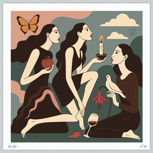 Limited Edition NOE MI wall art print of three women with symbolic objects like a butterfly, apple, candle, and wine glass against a stylized sky.