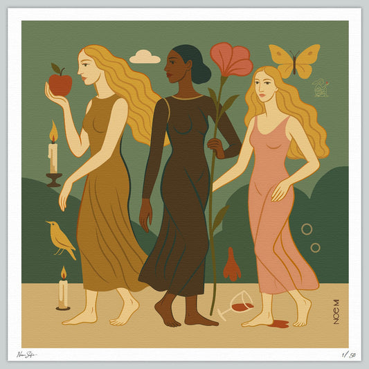 A Limited Edition NOE MI wall art print of Three women holding an apple, a flower, and a butterfly against a green background