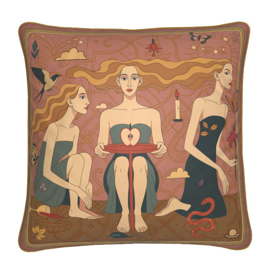 luxurious square cushion with artistic design of three women holding an apple. Designed by NOE MI