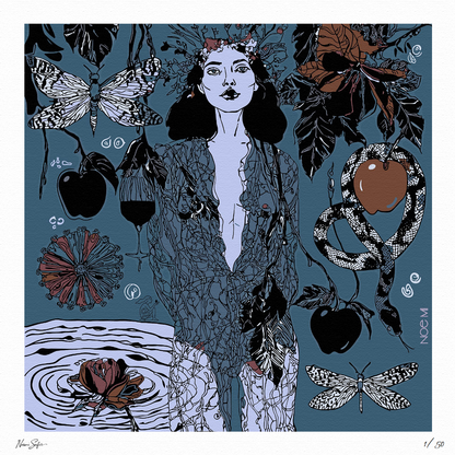 NOE MI’s powerful figurative artwork Dark Temptation, printed on high-quality archival paper, ideal for collectors of feminine surreal art.