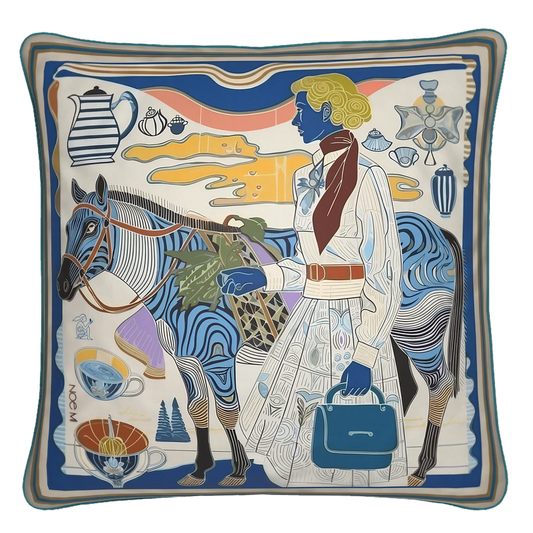 NOE MI Porcelain Tension square cushion in velvet shimmer with soft touch finish featuring a woman and horse design in deep blue, ivory, and sand tones for luxury interiors.