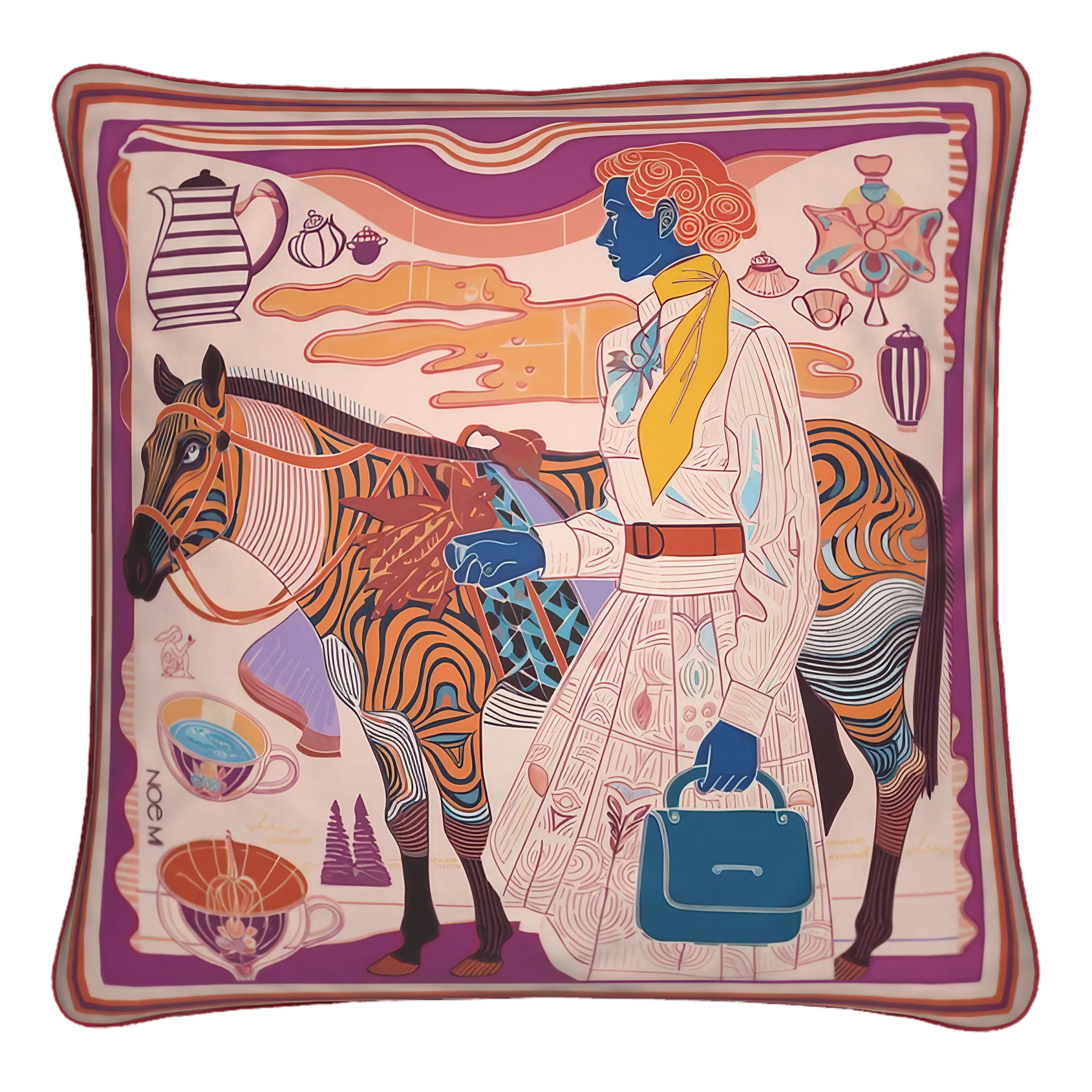 NOE MI Porcelain Tension Tropic square cushion luxury decorative pillow featuring coral, magenta, and turquoise tones for bold interior styling.