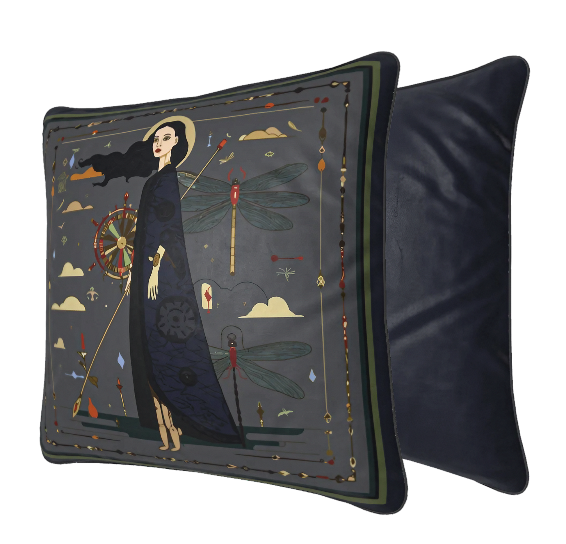 NOE MI designer cushion square format featuring a female figure with symbolic elements in dark color palette for modern home decor.