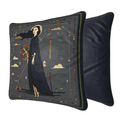 NOE MI designer cushion square format featuring a female figure with symbolic elements in dark color palette for modern home decor.
