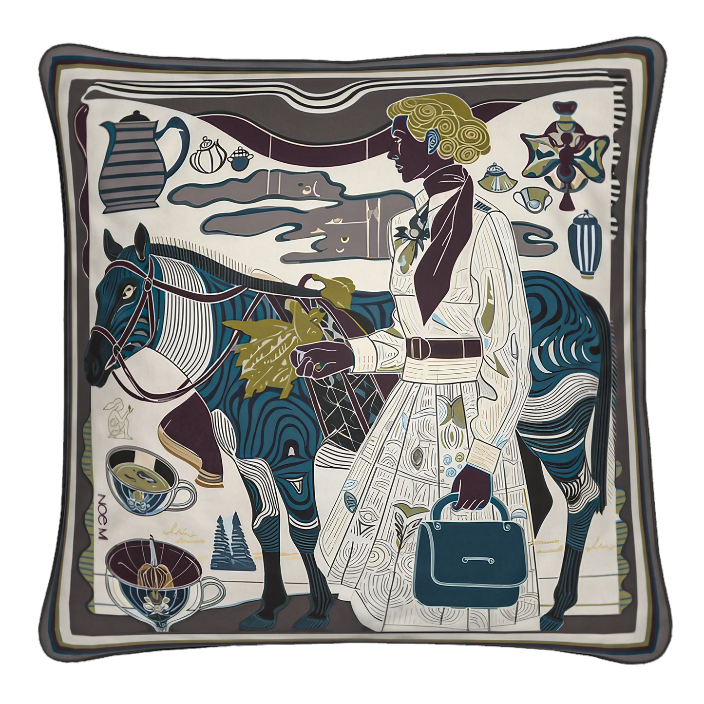 NOE MI Porcelain Tension Noir square cushion is a luxury decorative pillow in deep charcoal, brown, ivory, and blue tones designed for elegant interior styling.