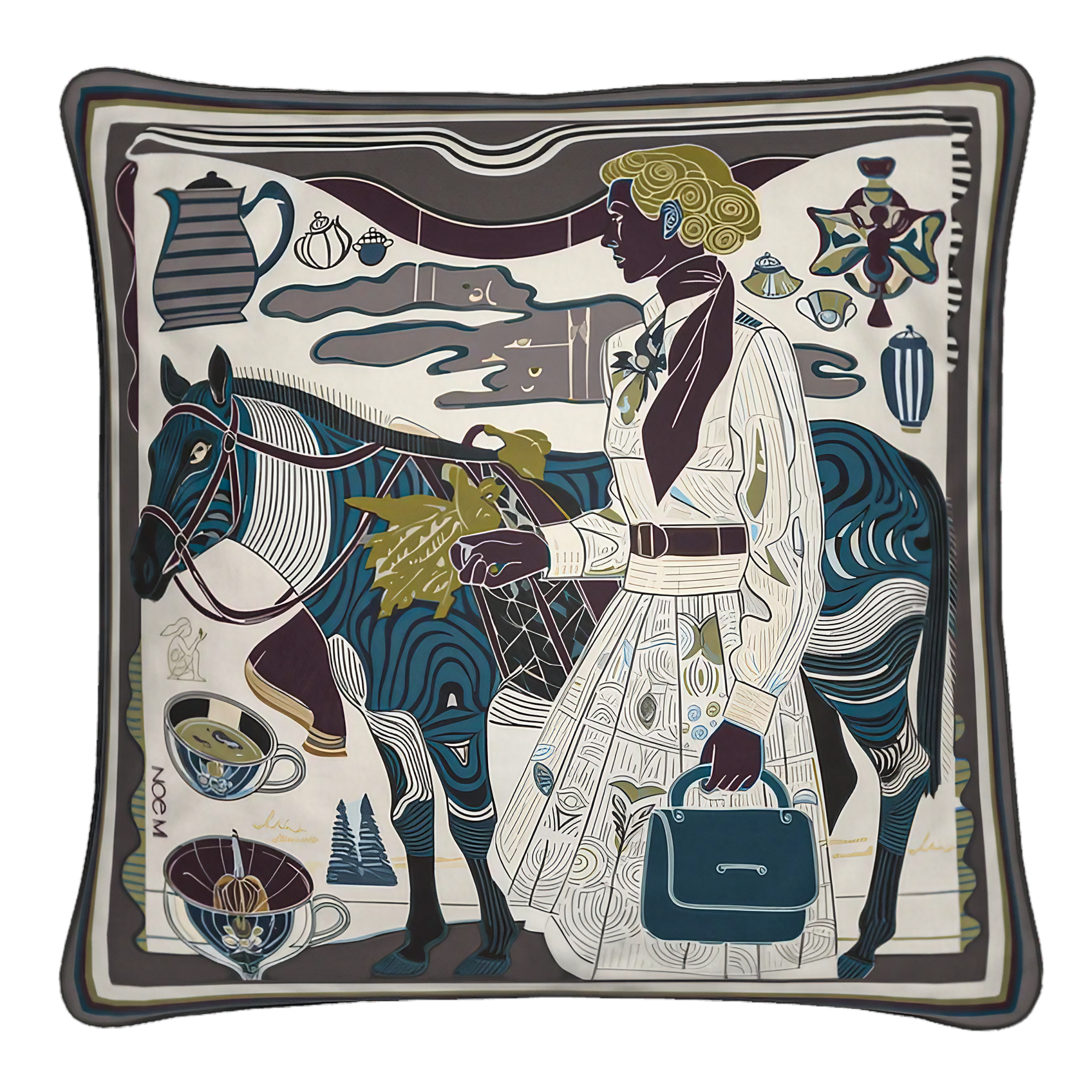 NOE MI Porcelain Tension Noir square cushion is a luxury decorative pillow in deep charcoal, brown, ivory, and blue tones designed for elegant interior styling.