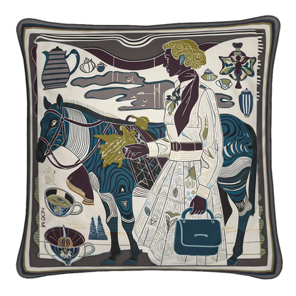 NOE MI Porcelain Tension Noir square cushion is a luxury decorative pillow in deep charcoal, brown, ivory, and blue tones designed for elegant interior styling.