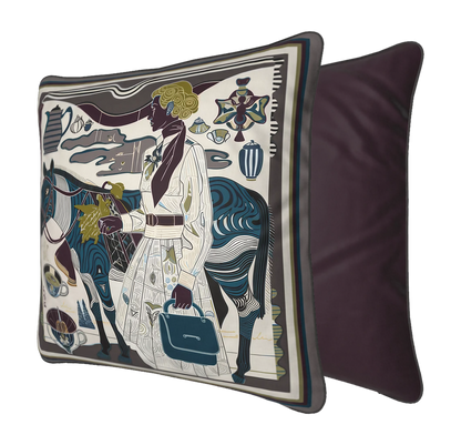 NOE MI Porcelain Tension Noir cushion is a designer square cushion featuring a female figure and horse in a refined dark color palette for modern home decor.
