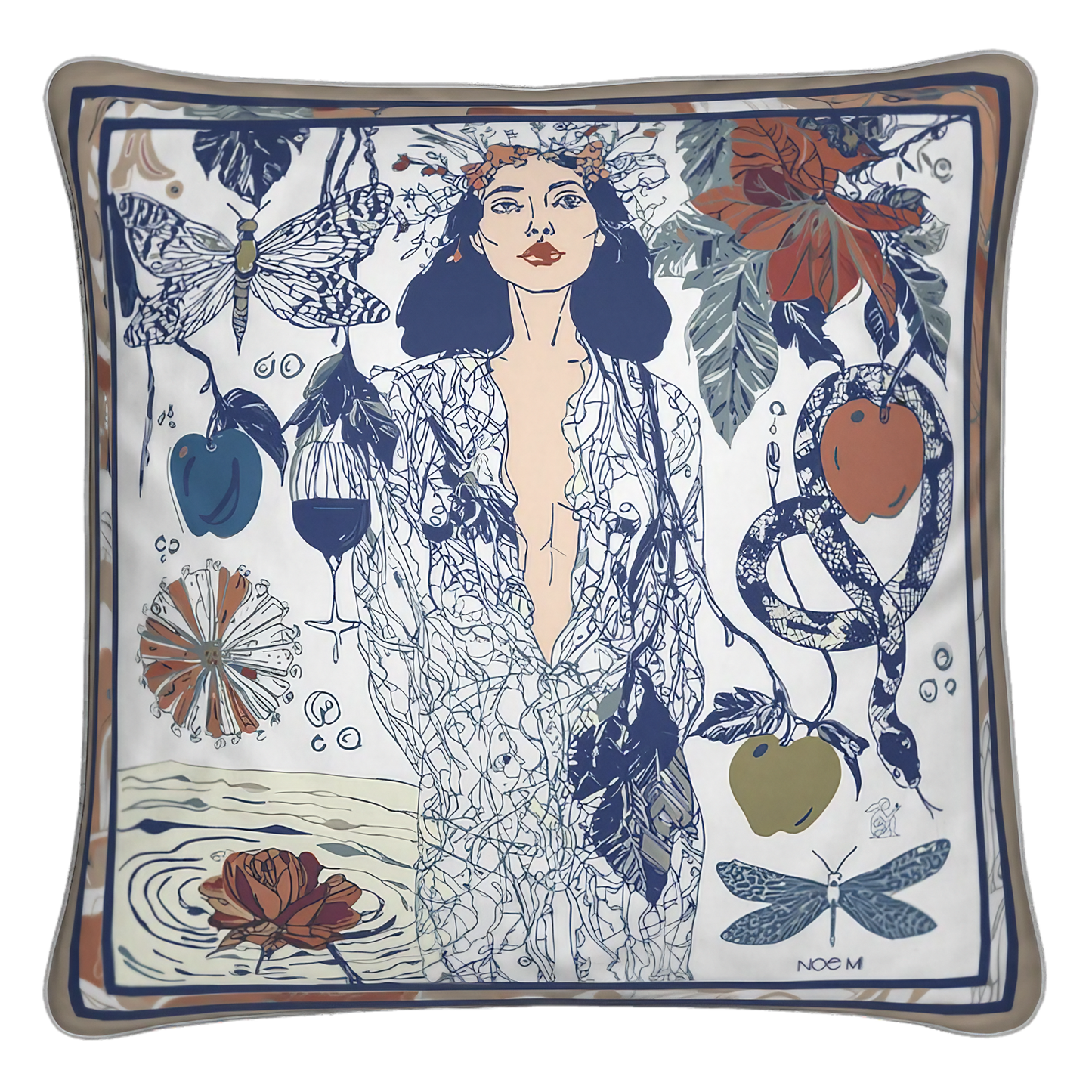 NOE MI Dark Temptation Mediterranean square cushion is a luxury decorative pillow in blue, ivory, and terracotta tones designed for elegant and refined interiors.