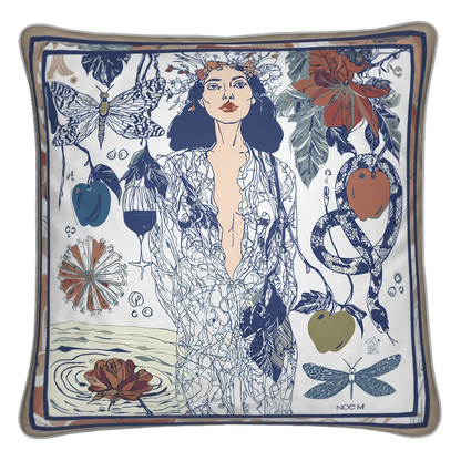 NOE MI Dark Temptation Mediterranean square cushion is a luxury decorative pillow in blue, ivory, and terracotta tones designed for elegant and refined interiors.