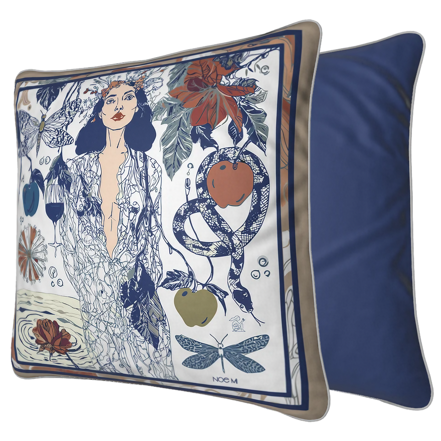 NOE MI Dark Temptation Mediterranean cushion is a designer square cushion featuring a feminine figure with symbolic elements in a soft Mediterranean color palette.