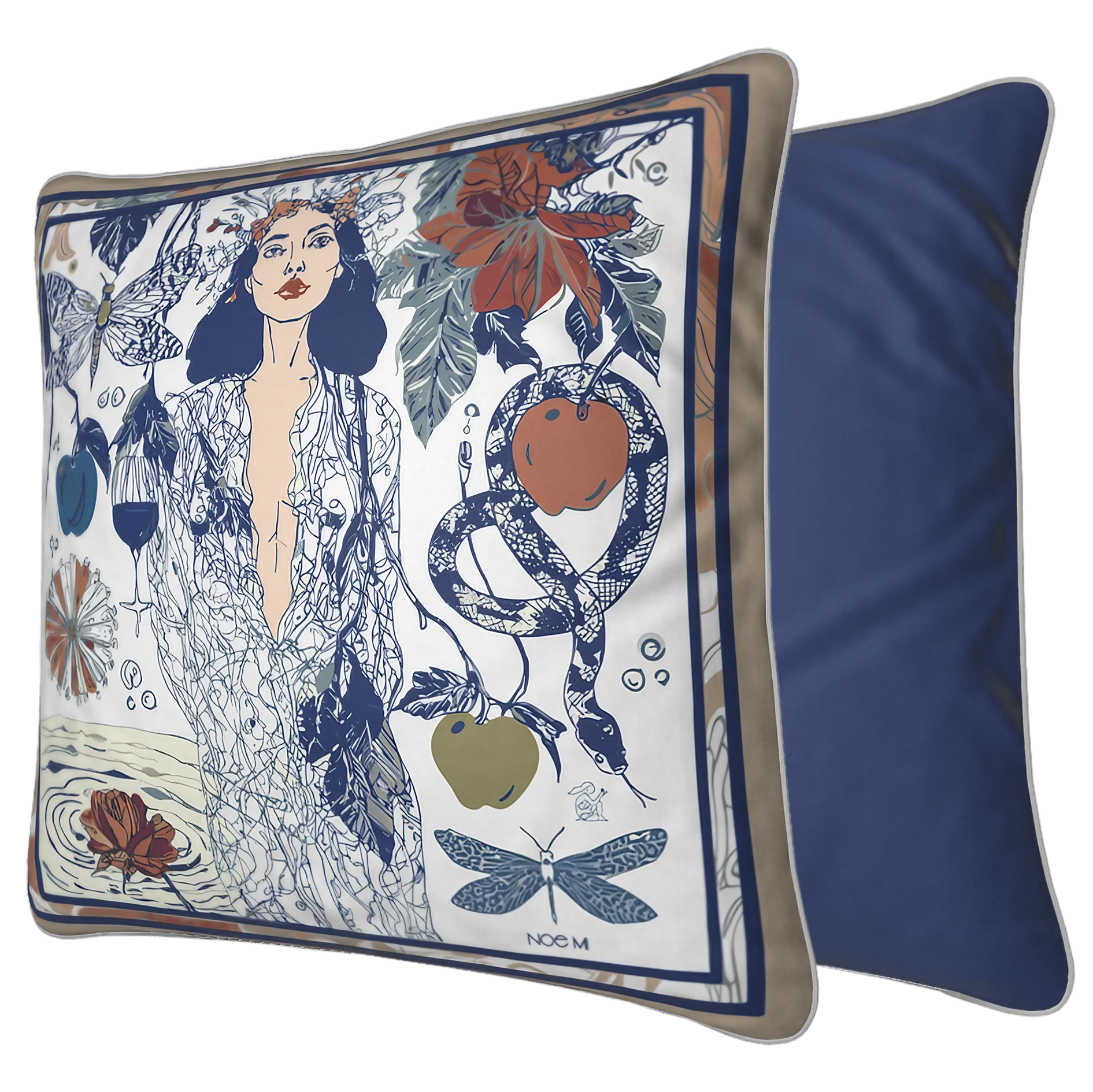 NOE MI Dark Temptation Mediterranean cushion is a designer square cushion featuring a feminine figure with symbolic elements in a soft Mediterranean color palette.