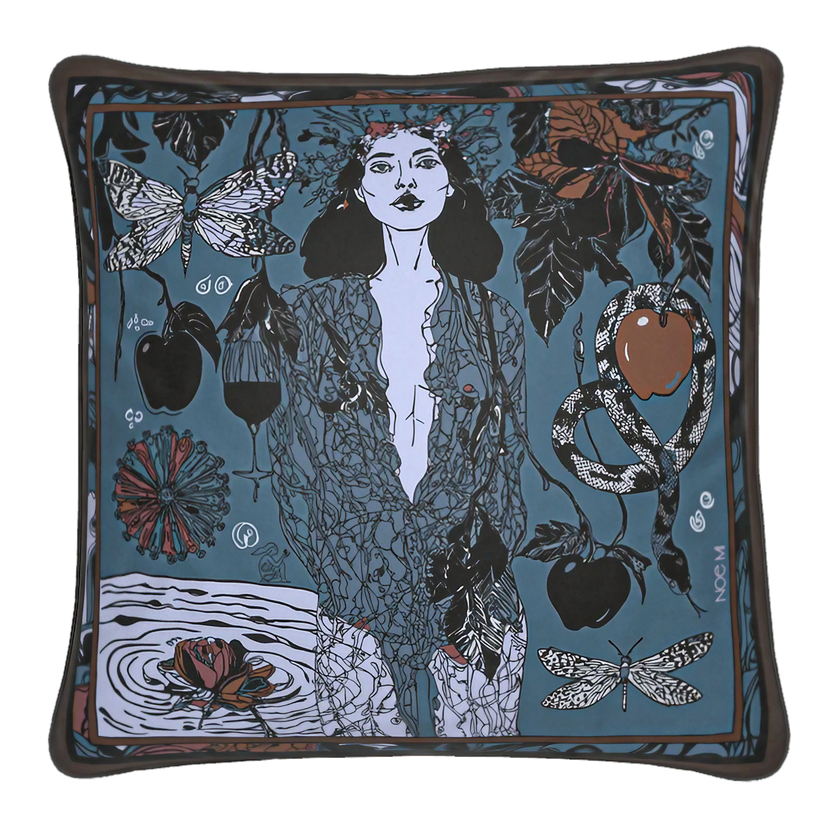 NOE MI square cushion Dark Temptation Night featuring deep blue, black, and ivory tones with symbolic feminine illustration, designed as a luxury velvet decorative pillow for modern elegant interiors.